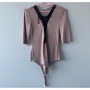 Iris Women Pink Black Laced Up Ribbed 3/4 Short Sleeve Bodysuit Top Size Large